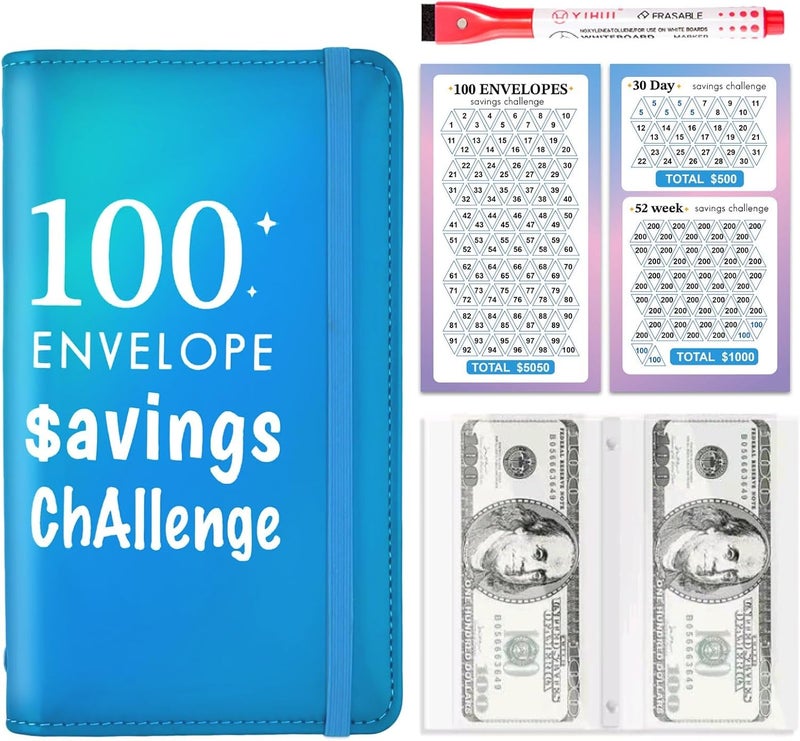 gusutide 100 Envelope Savings Challenge Binder, Money Saving Binder with Cash Envelopes, from 30 Days to 52 Weeks, to Save $500,$5,050 and $10,000, back to school supplies,gift for children (sparkling blue-A6) - Image 1